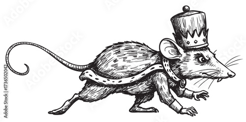 Royal rat king in crown walking with regal cape line art illustration – retro hand drawn illustration