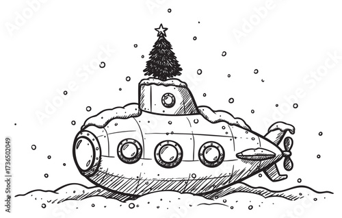 Festive submarine with christmas tree in snowy ocean scene drawing – retro hand drawn illustration