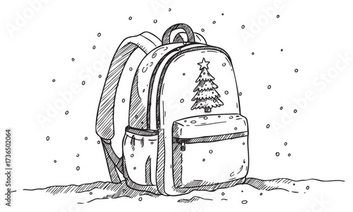 Hand-drawn backpack with christmas tree in snowy scene – retro hand drawn illustration