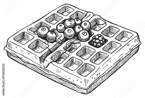 Sketch of delicious waffle with fresh berries and syrup drizzle – retro hand drawn illustration