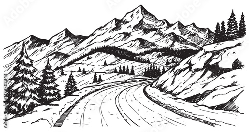 Scenic mountain road in black and white drawing with pine trees and snowy peaks – retro hand drawn illustration