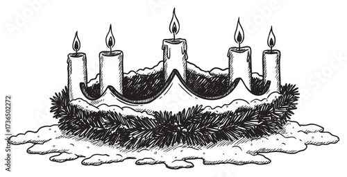 Advent wreath with five lit candles and pine decoration – retro hand drawn illustration