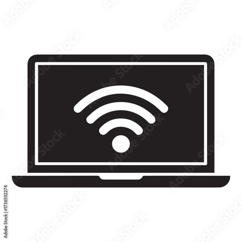 Black and white laptop with Wi Fi symbol on screen