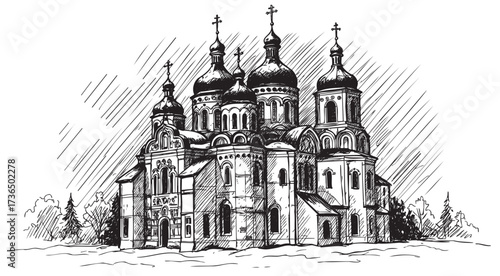 Detailed sketch of eastern orthodox cathedral with dome architecture – retro hand drawn illustration