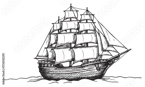 Detailed black and white sketch of classic sailing ship on ocean waves – retro hand drawn illustration