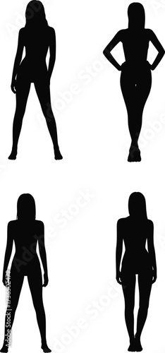 Human silhouette posture illustration, standing figure outline, diverse body shape vector, anatomy reference drawing, artistic pose concept, black silhouette design