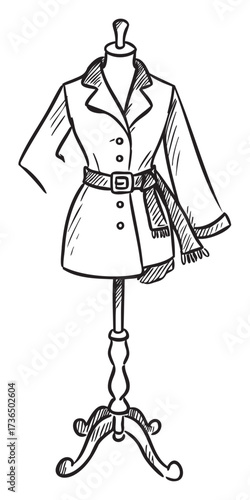 Black and white illustration of a stylish women's coat with belt on mannequin – retro hand drawn illustration