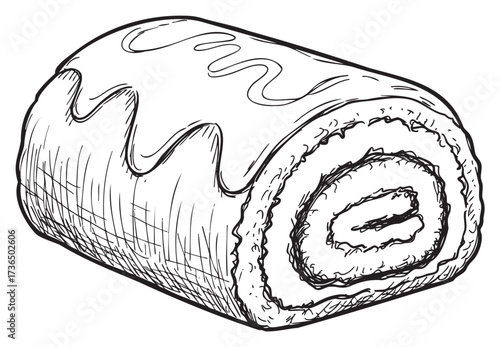 Detailed sketch of swiss roll cake with icing - delicious dessert illustration – retro hand drawn illustration