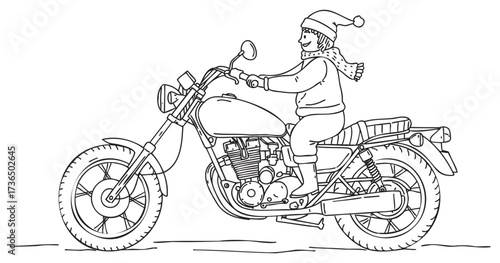 Young child riding motorcycle wearing winter hat and scarf – retro hand drawn illustration