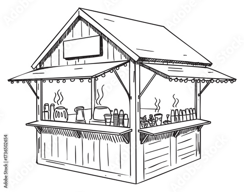 Charming sketch of a rustic outdoor food stall offering warm beverages and snacks – retro hand drawn illustration