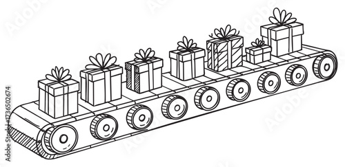 Conveyor belt with wrapped gifts in doodle style line art illustration – retro hand drawn illustration