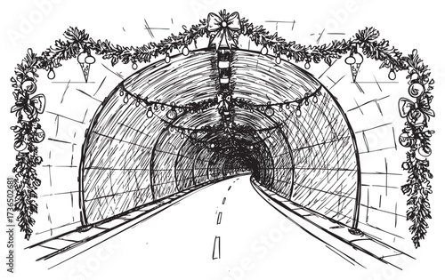 Festively decorated tunnel with holiday garlands and lights in black and white sketch – retro hand drawn illustration