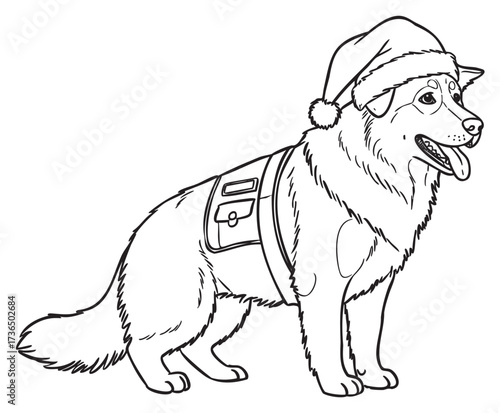 Festive service dog: happy holiday husky with santa hat and harness outline – retro hand drawn illustration