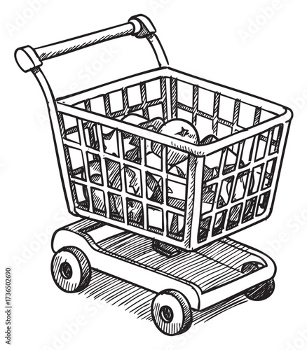 Hand-drawn shopping cart with groceries in vintage sketch style – retro hand drawn illustration