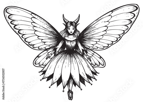 Ink sketch of fantasy female fairy with wings and horns – retro hand drawn illustration