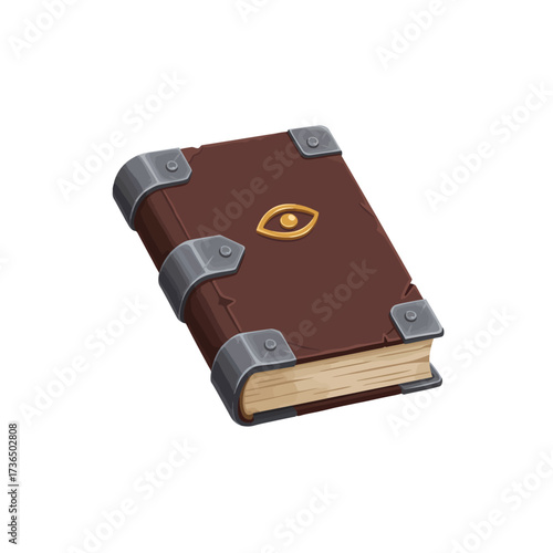 Ancient Magic Spell Book with Mystical Eye Symbol and Ornate Metal Corners for Halloween Wizardry and Fantasy Art