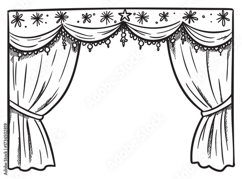 Hand-drawn theater curtains with decorative drapes and stars – retro hand drawn illustration