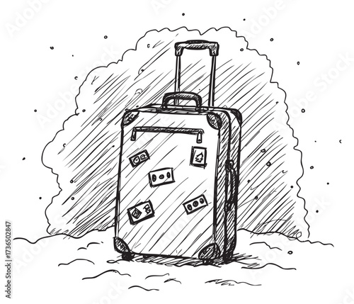Hand-drawn traveler's suitcase with stickers in vintage style – retro hand drawn illustration