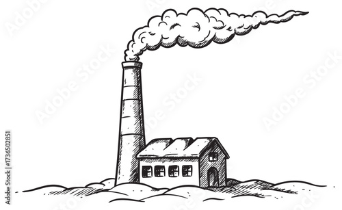 Vintage industrial factory with smoking chimney line art drawing – retro hand drawn illustration