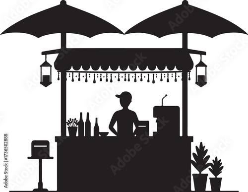 Silhouette of a street food stall with vendor and umbrellas
