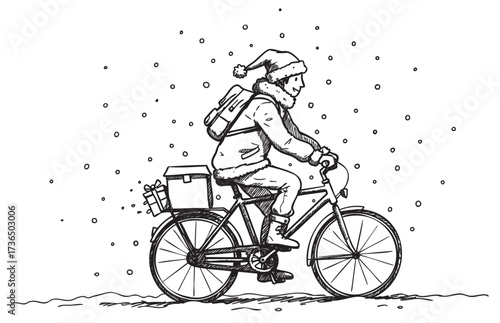 Caucasian male santa riding bike in snow with gifts in winter scene – retro hand drawn illustration
