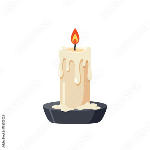 Eerie Halloween Lit White Candle with Dripping Wax on Dark Plate, Creating a Spooky Atmosphere