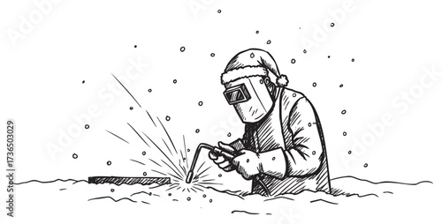 Sketch of welder in snowy environment wearing protective gear – retro hand drawn illustration