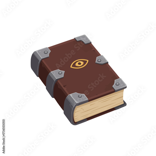 Ancient Magic Spell Book with Mystical Eye Symbol and Ornate Metal Corners for Halloween Wizardry and Fantasy Art