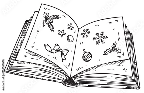 Open festive-themed coloring book with christmas illustrations and decorative elements – retro hand drawn illustration