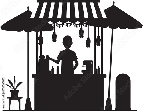 Silhouette of a person at a street food stall with umbrellas
