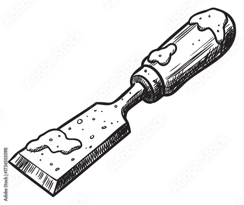 Hand-drawn wood chisel with textured handle and blade – retro hand drawn illustration