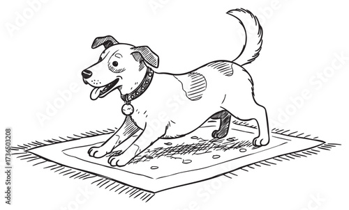Playful cartoon dog on rug with collar and bell in black and white sketch – retro hand drawn illustration