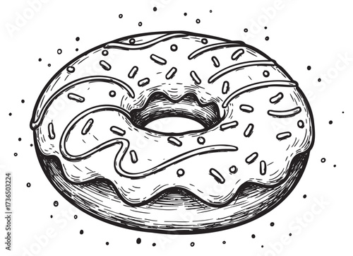 Hand-drawn black and white donut with sprinkles and icing in vintage style – retro hand drawn illustration