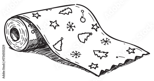 Festive christmas gift wrap roll with tree and snowflake patterns – retro hand drawn illustration