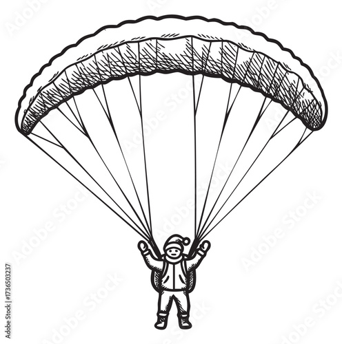 Cartoon paraglider with open canopy illustration in black and white – retro hand drawn illustration