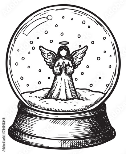 Angelic figurine inside snow globe with falling snowflakes – retro hand drawn illustration