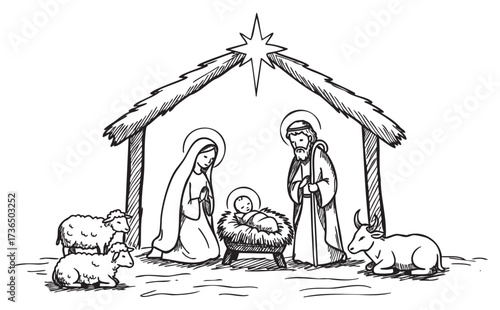 Nativity scene: holy family with shepherds and animals under a star-lit stable – retro hand drawn illustration