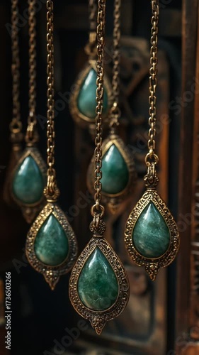 Six antique teardrop pendants of teal gems, suspended from gold chains, captured with a dark background