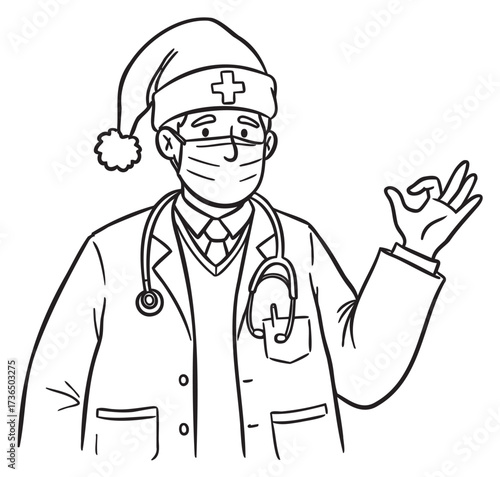 Male doctor in santa hat making okay gesture line art drawing – retro hand drawn illustration