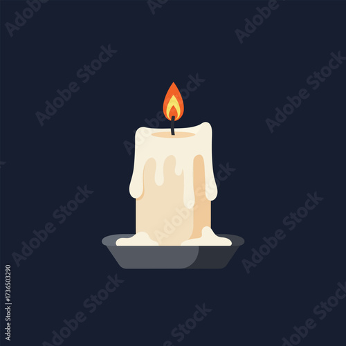 Eerie Halloween Lit White Candle with Dripping Wax on Dark Plate, Creating a Spooky Atmosphere