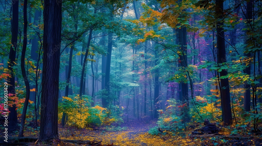 Fototapeta premium Bright Yellow Autumn Forest Mist Path Poster with Dense Canopy and Golden Vegetation Dreamy Landscape