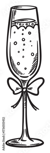 Elegant champagne glass with effervescent bubbles and festive ribbon decor – retro hand drawn illustration