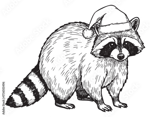 Festive raccoon wearing santa hat in black and white illustration – retro hand drawn illustration