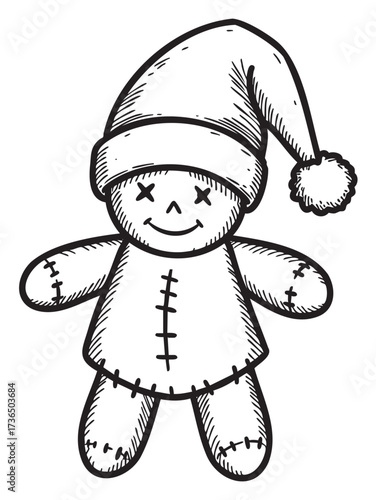 Black and white illustration of a festive rag doll wearing a santa hat – retro hand drawn illustration