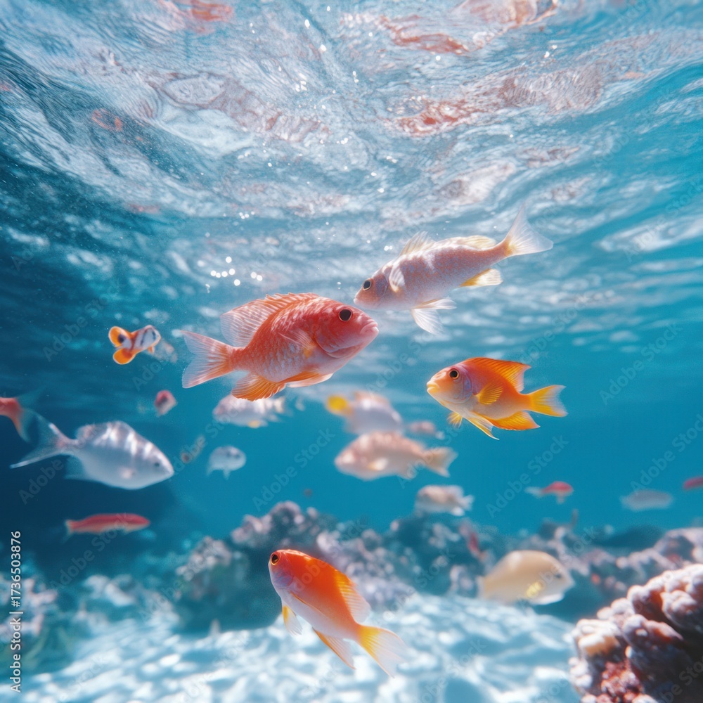 Fototapeta premium Underwater Symphony: A vibrant and serene underwater scene featuring a school of colorful fish gracefully swimming through crystal-clear turquoise water, coral reefs providing a rich ecosystem 