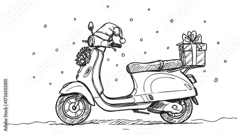 Festive scooter with santa hat and gift amidst falling snowflakes – retro hand drawn illustration
