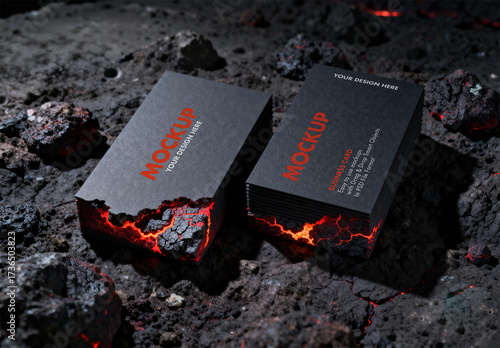 Black Business Card Mockup on Volcanic Lava Rock with Glowing Edges