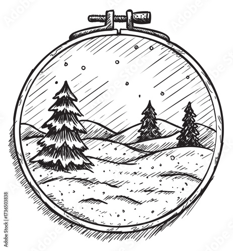 Hand-drawn winter embroidery hoop with snowy landscape and pine trees – retro hand drawn illustration