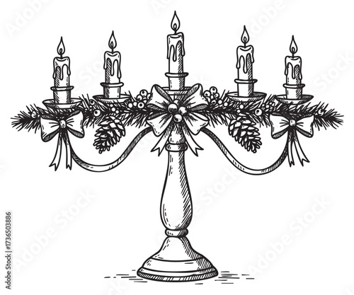 Festive candle holder with pine and ribbon decoration in monochrome sketch – retro hand drawn illustration