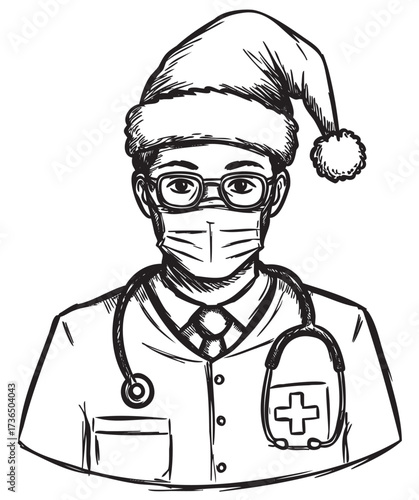 Asian male doctor wearing santa hat and mask with stethoscope illustration – retro hand drawn illustration